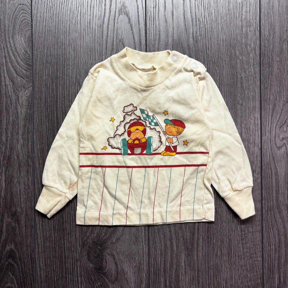Vintage 1980s Racing Cartoon Long Sleeve T Shirt White Youth 12M